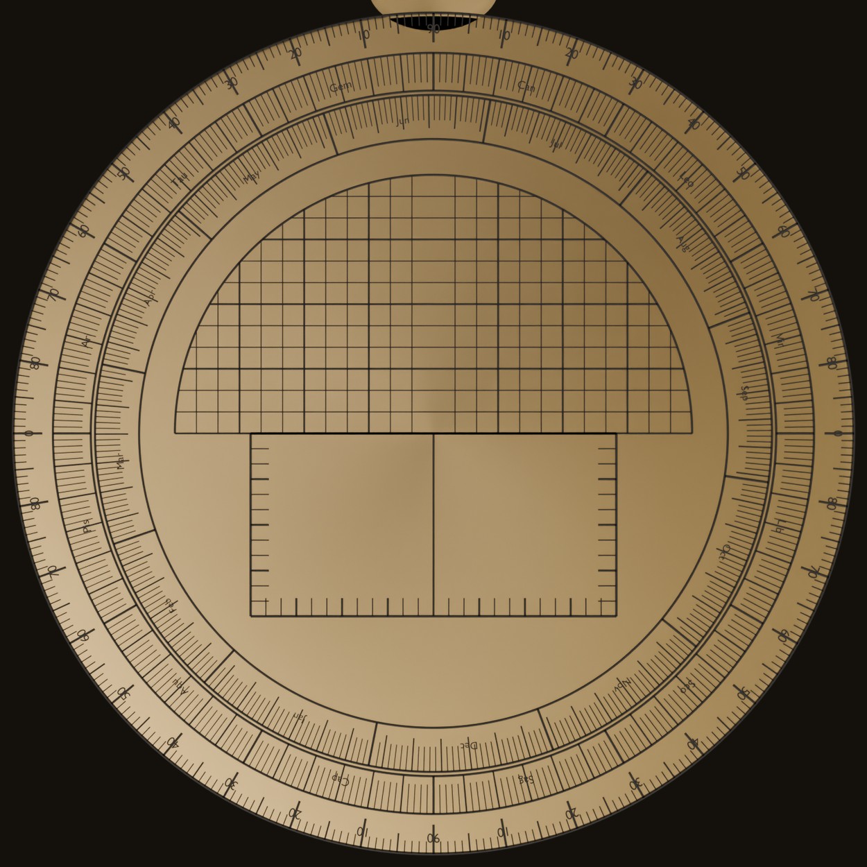 The back of the astrolabe: an outer scale of degrees, a ring of the twelve zodiac signs, a ring of the days of the year, a grid of lines filling the upper half and a divided double square hanging below the middle.