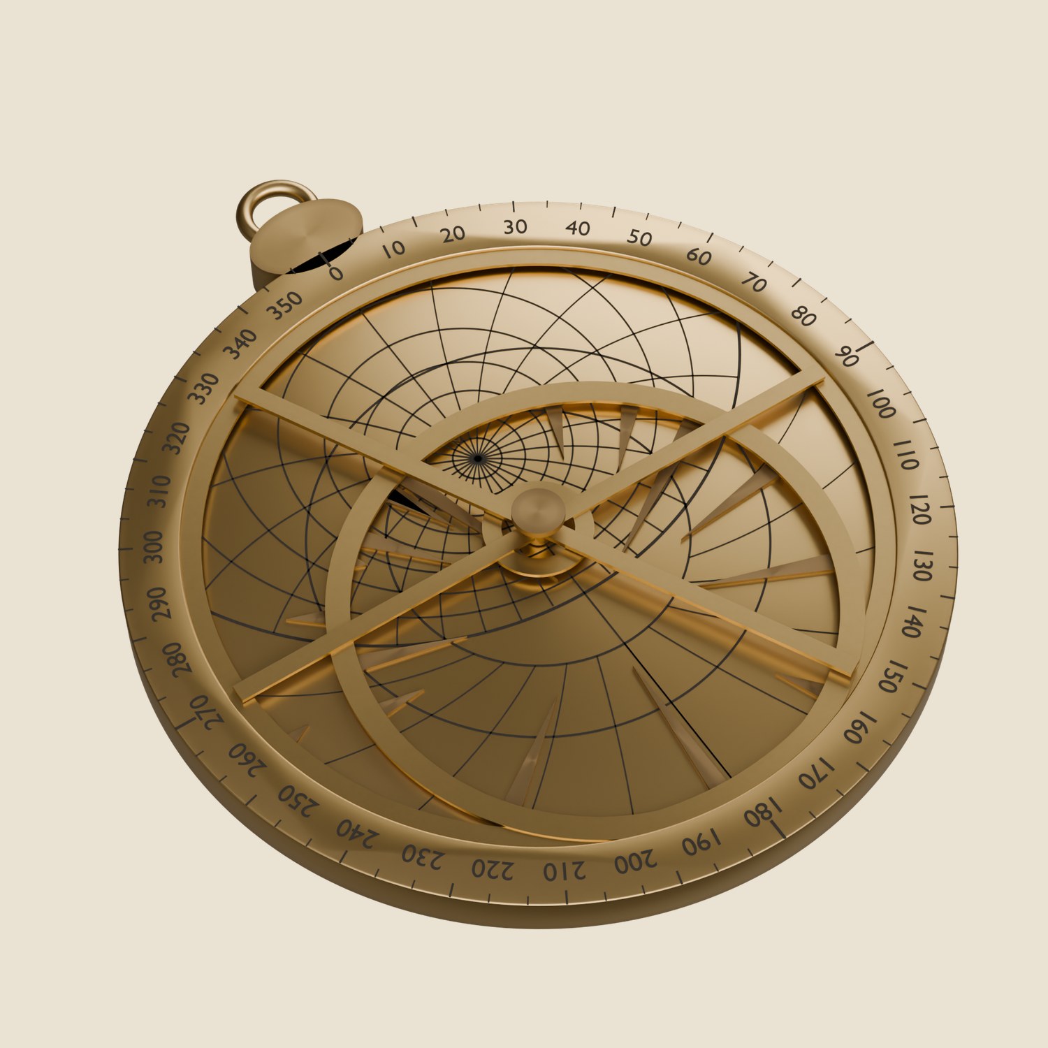 An engraved brass astrolabe: a numbered outer ring, a plate covered in fine curved lines, and a pierced openwork disc of star pointers above it.