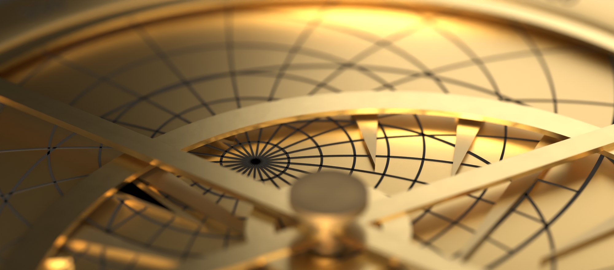 A close view across the engraved plate: the curves of equal altitude converging on the zenith, with the pierced bars and star pointers of the rete standing above them and catching the light.