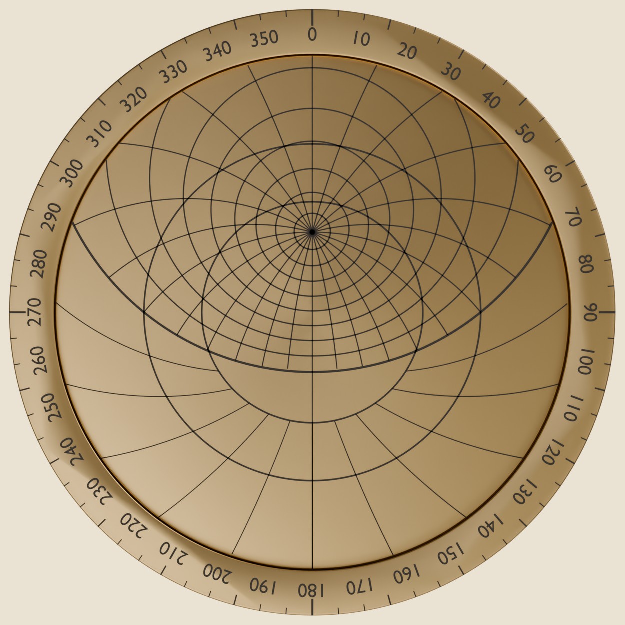 The engraved plate, showing the horizon, the curves of equal altitude and the hour lines, for latitude 39.1 north.